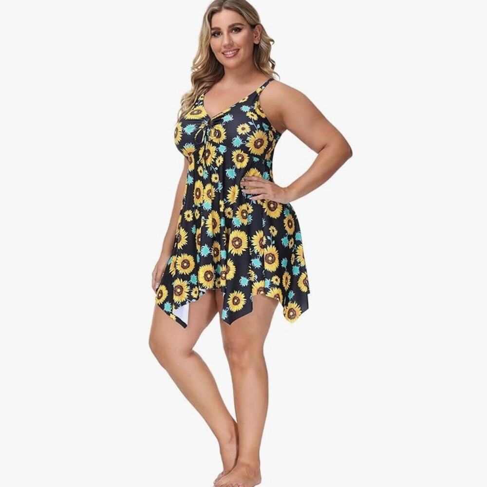 Hanna Nikole Womens Swimsuit Dress Sunflower Print Asymmetrical Hem Blue Yellow - Picture 16 of 16